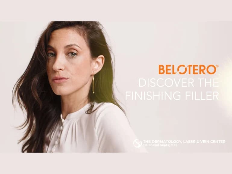 Belotero promotional graphic reading Discover the Finishing Filler, with The Dermatology, Laser & Vein Center wordmark