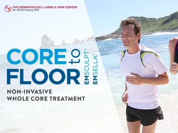 Core to Floor Emsculpt NEO and Emsella graphic with a couple running on a beach