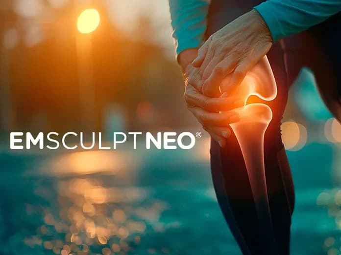Emsculpt NEO logo beside a runner clutching a knee with the knee joint highlighted