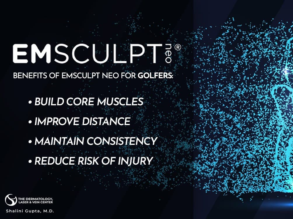 Emsculpt NEO benefits for golfers graphic listing core strength, distance, consistency and injury reduction