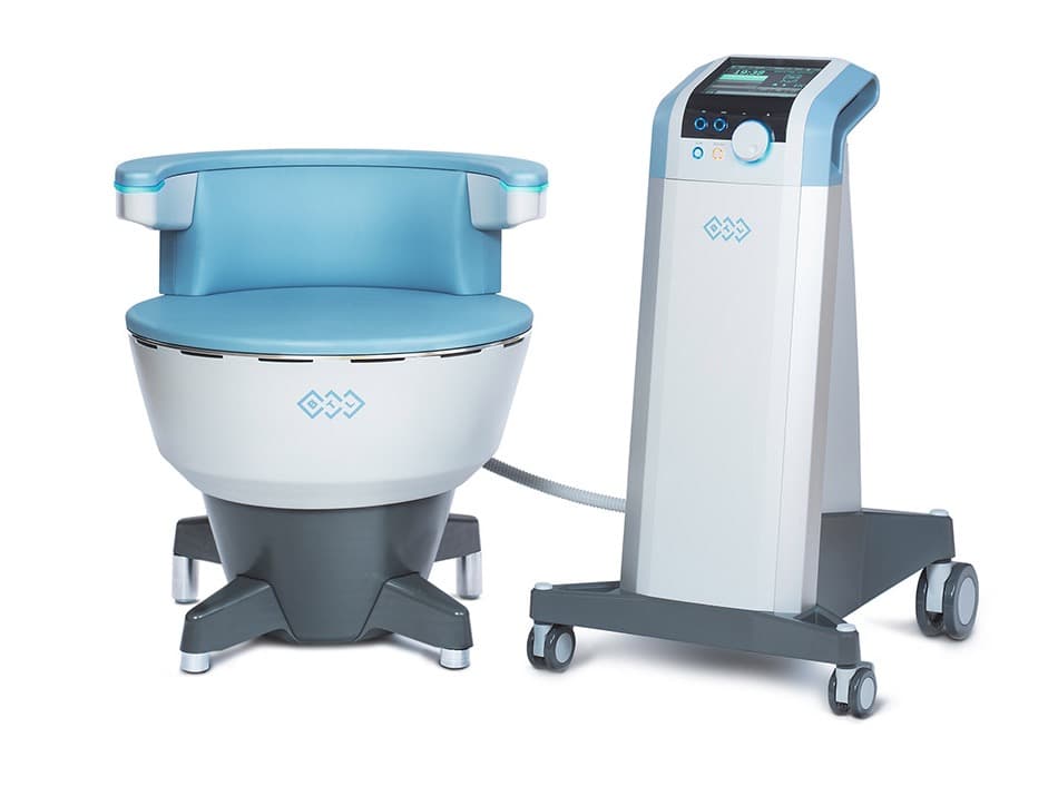 BTL Emsella treatment chair and control tower used for pelvic floor strengthening