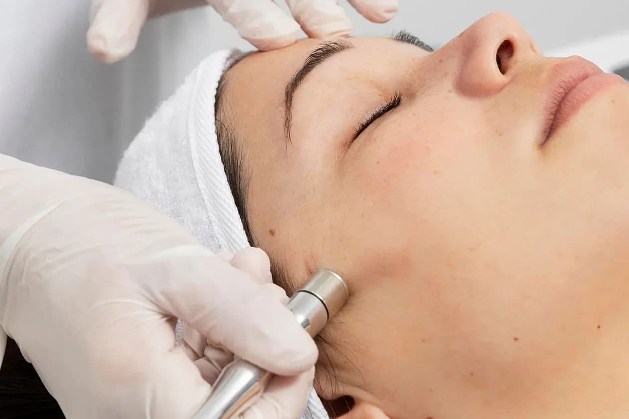 Gloved hands guiding a microdermabrasion handpiece across a relaxed patient’s cheek