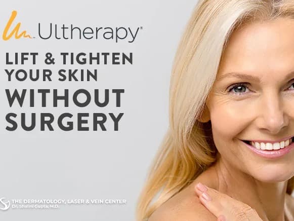 Ultherapy lift and tighten your skin without surgery graphic with a smiling woman