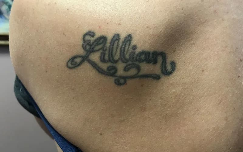 Script tattoo, shoulder, before