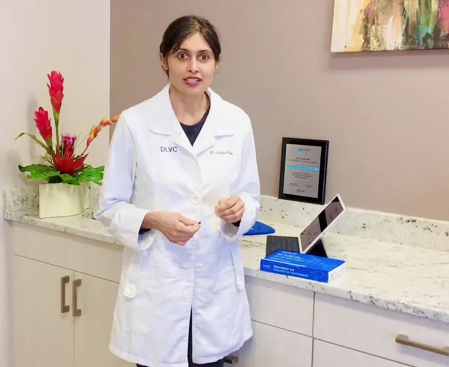 Dr. Gupta introducing Bellafill with a treatment kit at the Montgomery Road office