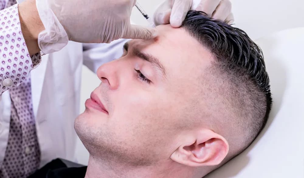Patient receiving a forehead Botox injection from a gloved provider