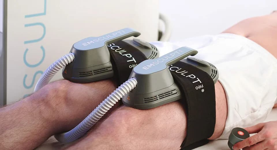 Emsculpt NEO applicators strengthening the muscles around a patient's knee