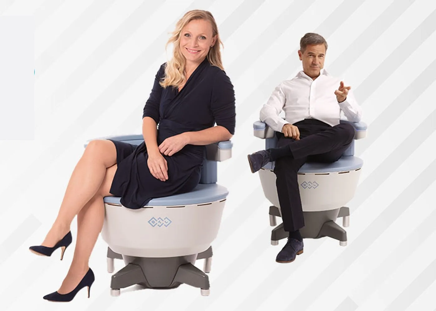 A woman and a man seated fully clothed on EMSELLA treatment chairs