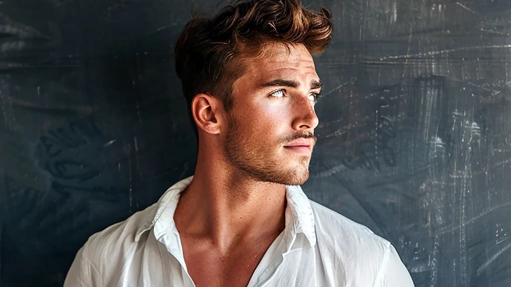 Portrait of a man in an open white shirt against a dark wall