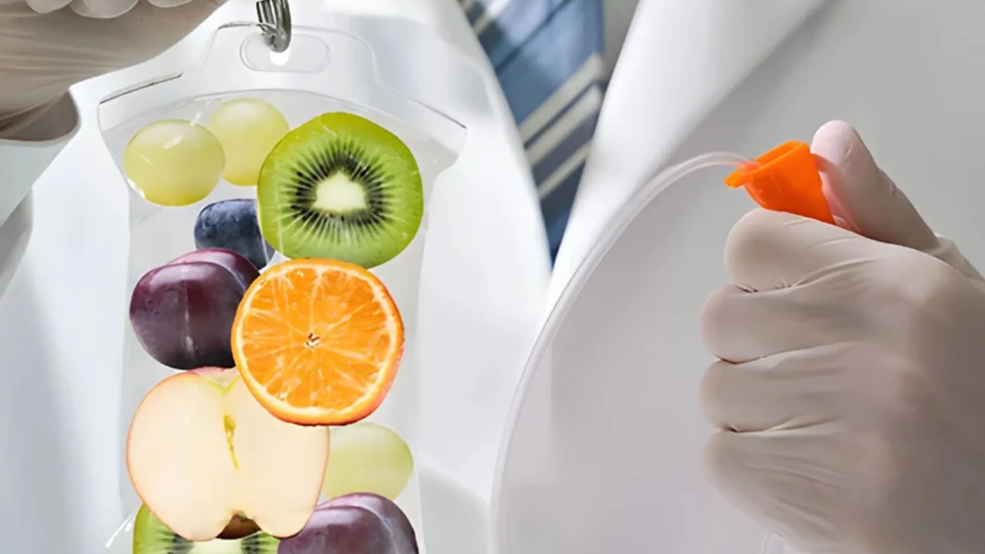 IV drip bag prepared for a vitamin infusion at a wellness clinic